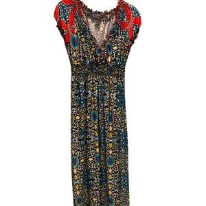 Lapogee Boho Maxi Dress, V-Neck, Elastic Waist Blue, Red, Yellow (S)